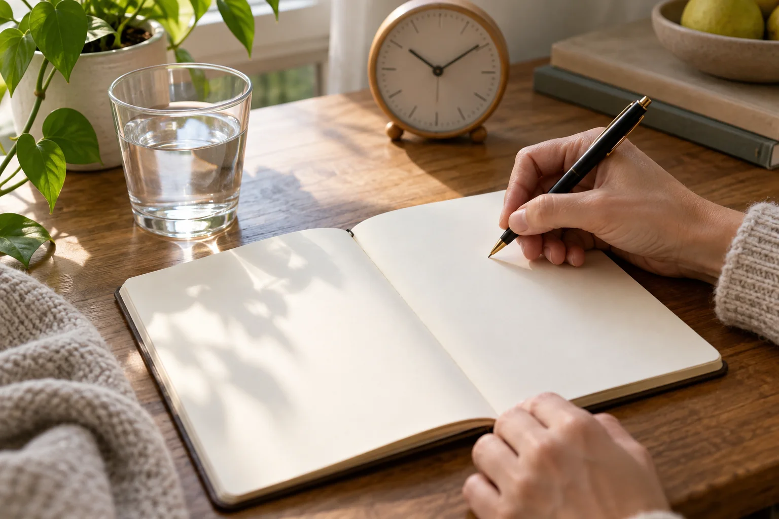 Cuaderno en blanco junto a un bolígrafo y un reloj sobre una mesa