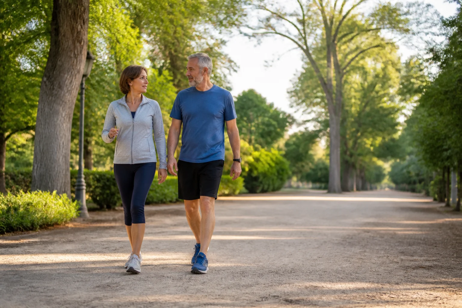Pareja adulta caminando con naturalidad por un parque