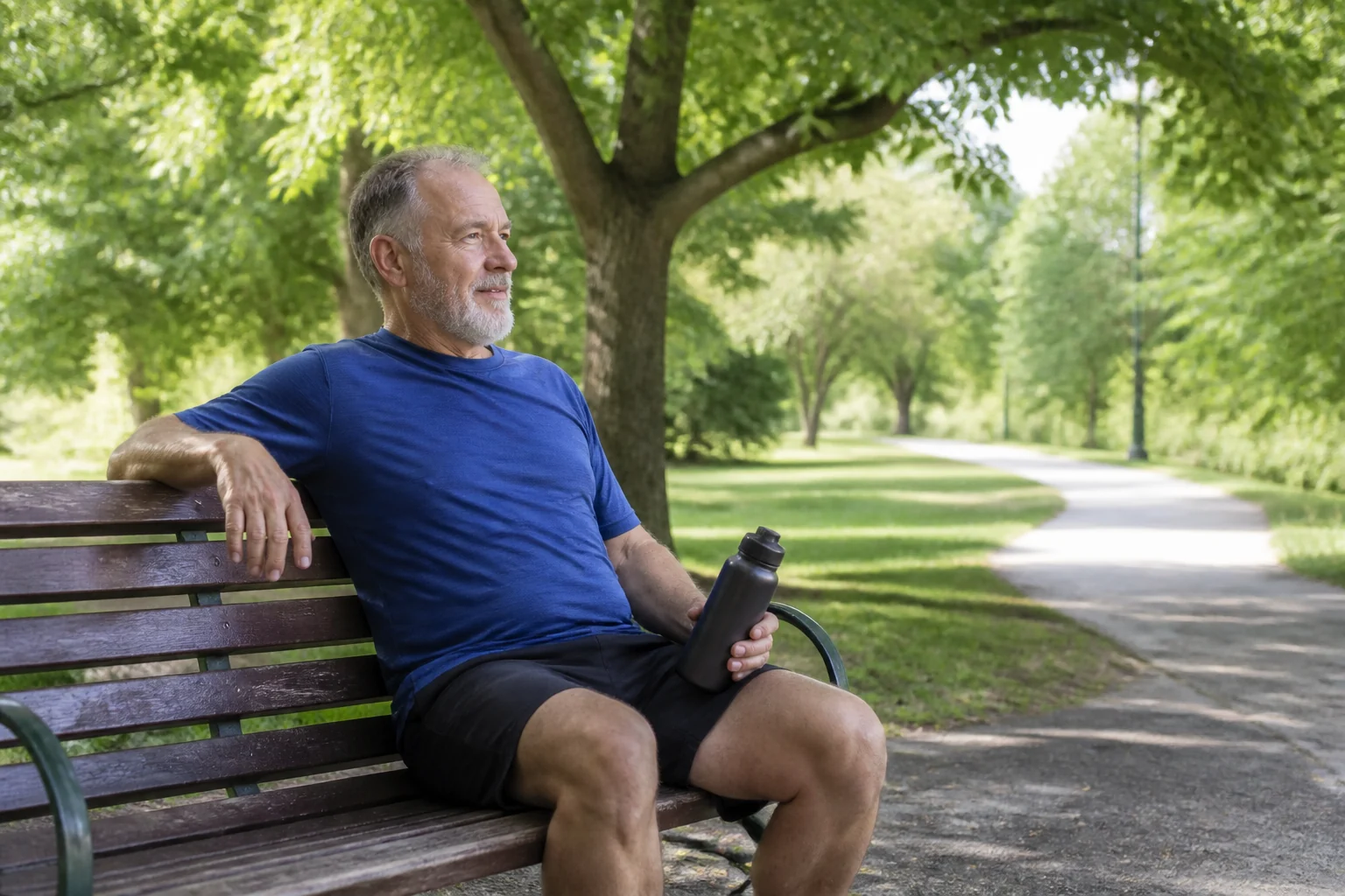 Hombre adulto descansando con tranquilidad después de caminar
