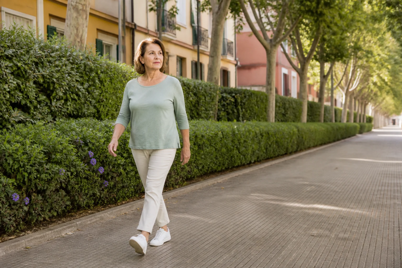 Mujer adulta caminando a un ritmo cómodo por una vía verde urbana