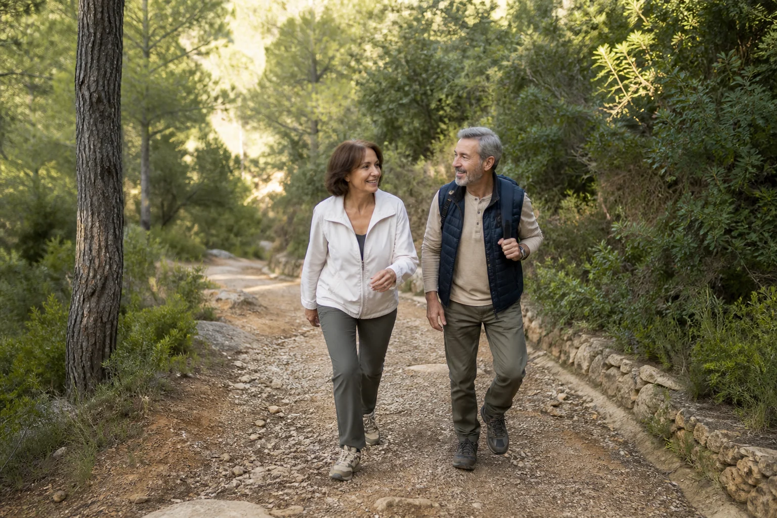 Pareja adulta caminando por una ruta natural con pendiente suave