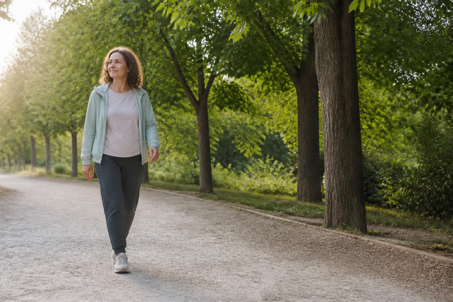 Mujer adulta caminando a un ritmo tranquilo por un sendero llano entre árboles