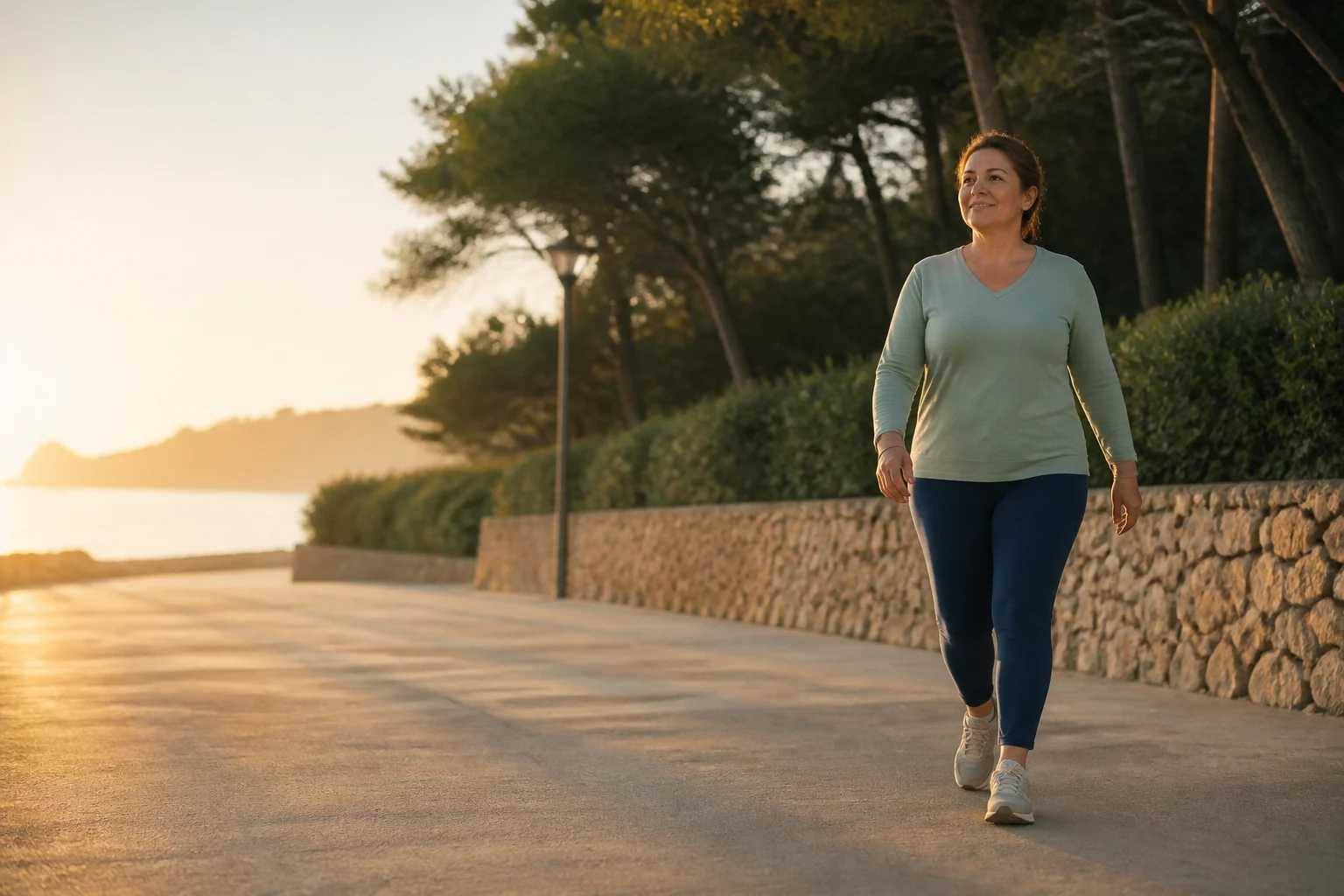 Mujer adulta de cuerpo grande caminando con serenidad junto al mar