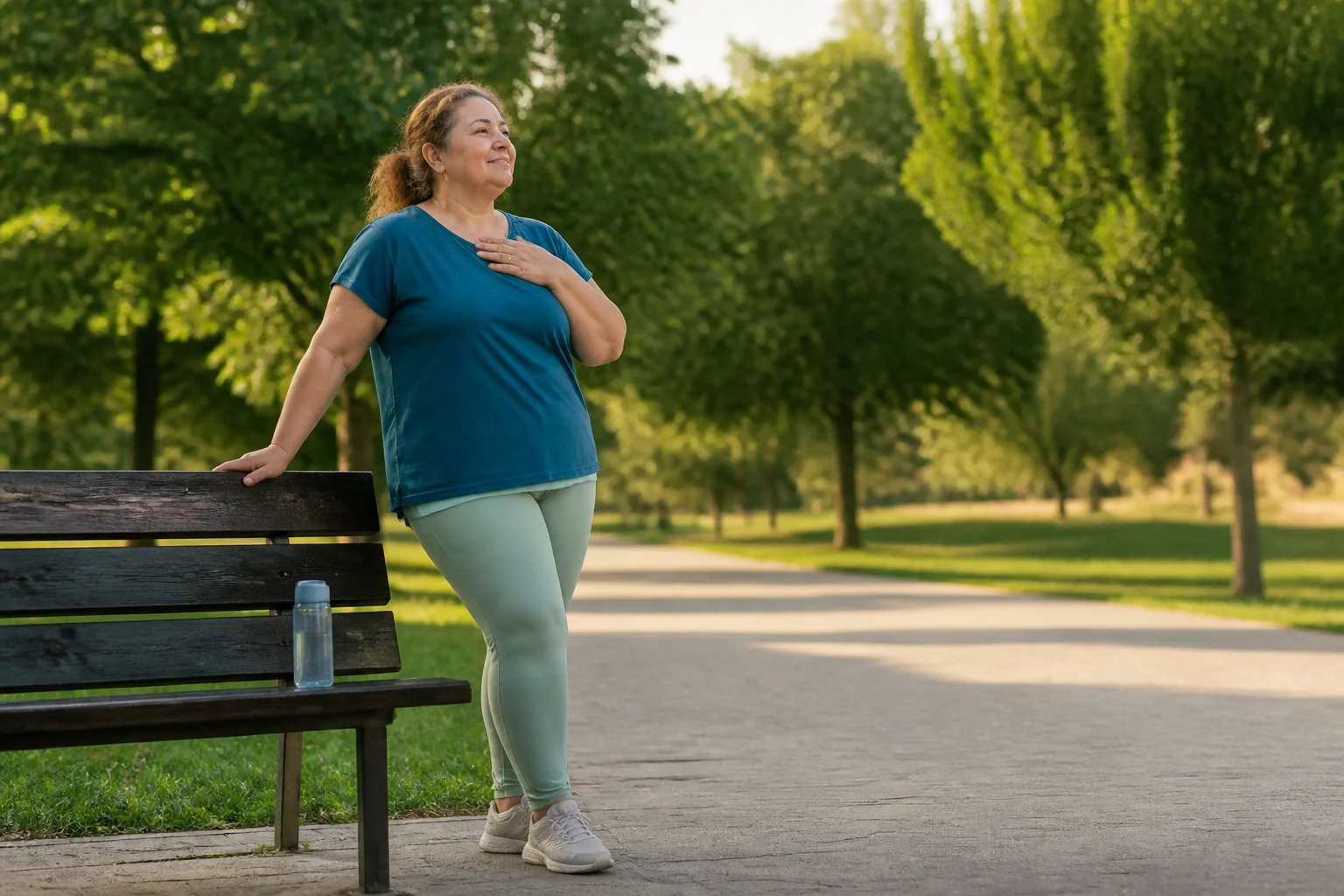 Mujer adulta de cuerpo grande valorando con calma su recuperación después de caminar