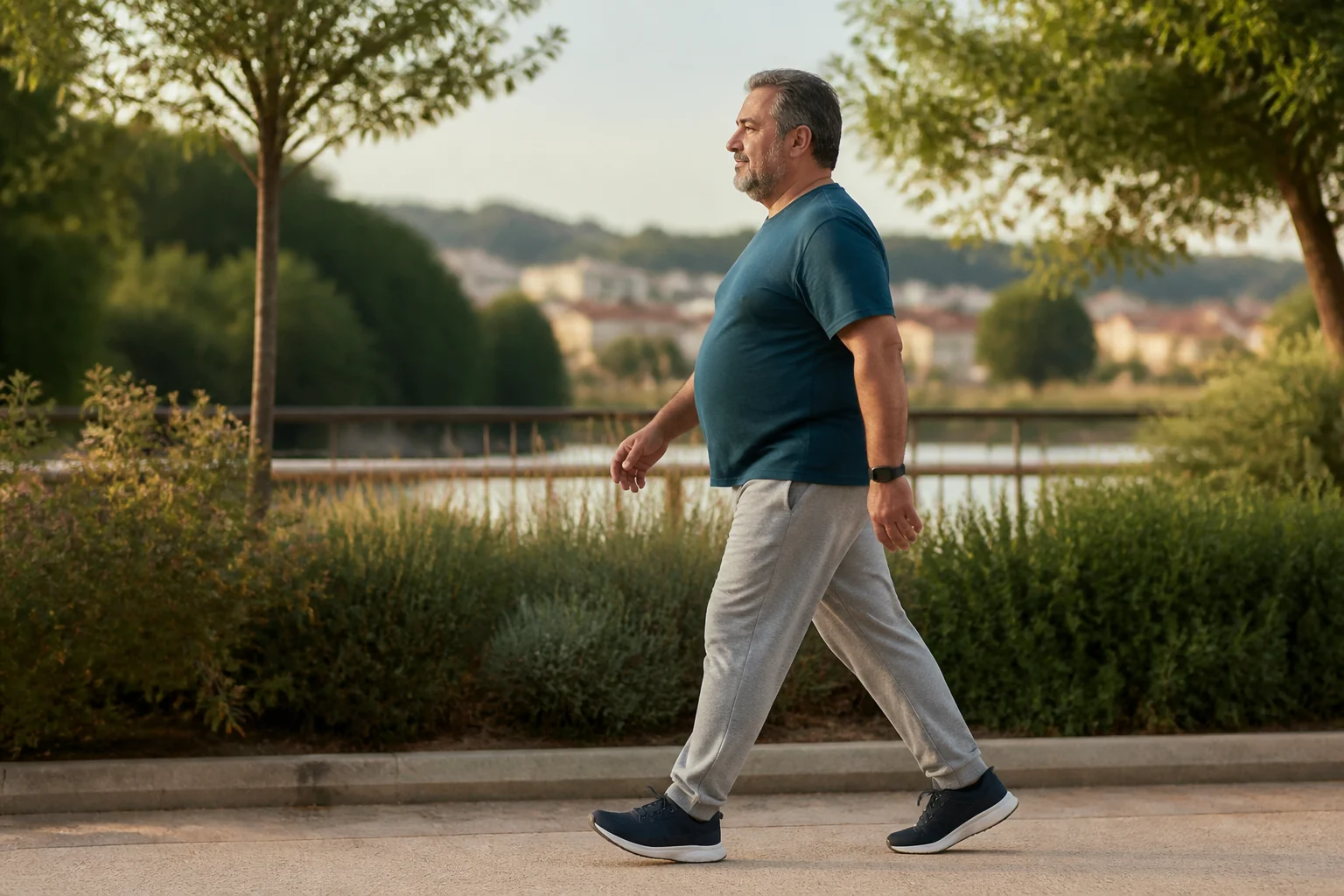 Hombre adulto de cuerpo grande caminando a un ritmo cómodo por un parque