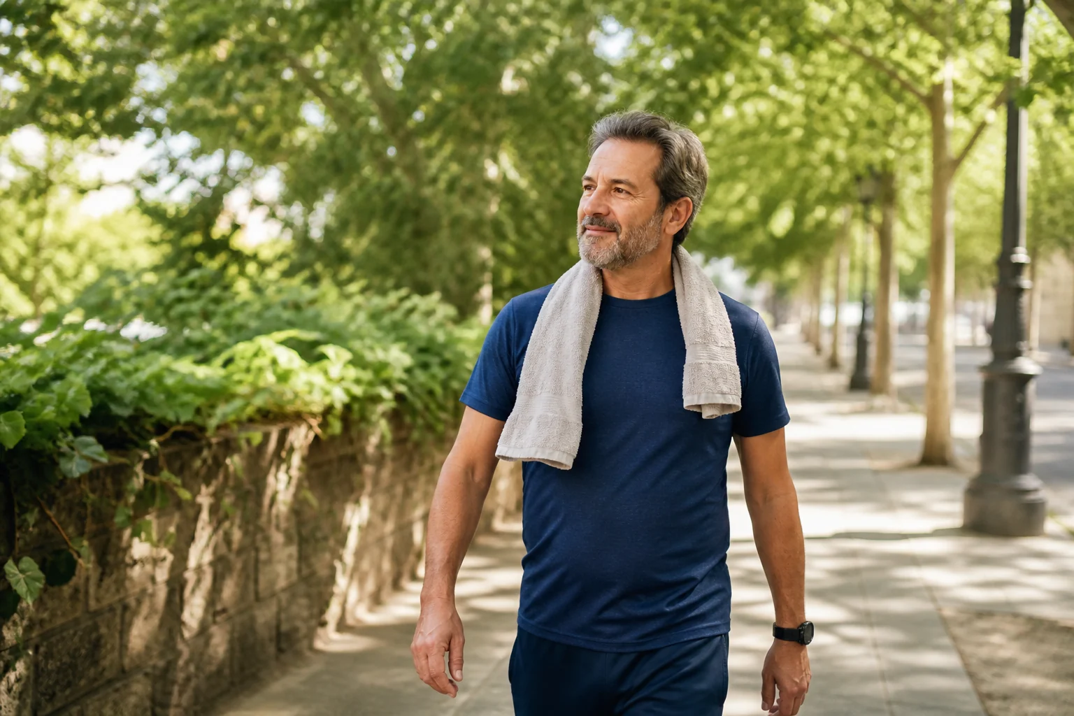 Hombre adulto caminando a ritmo moderado por un sendero arbolado