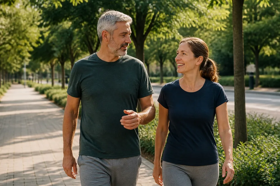 Pareja adulta caminando y conversando por un parque urbano