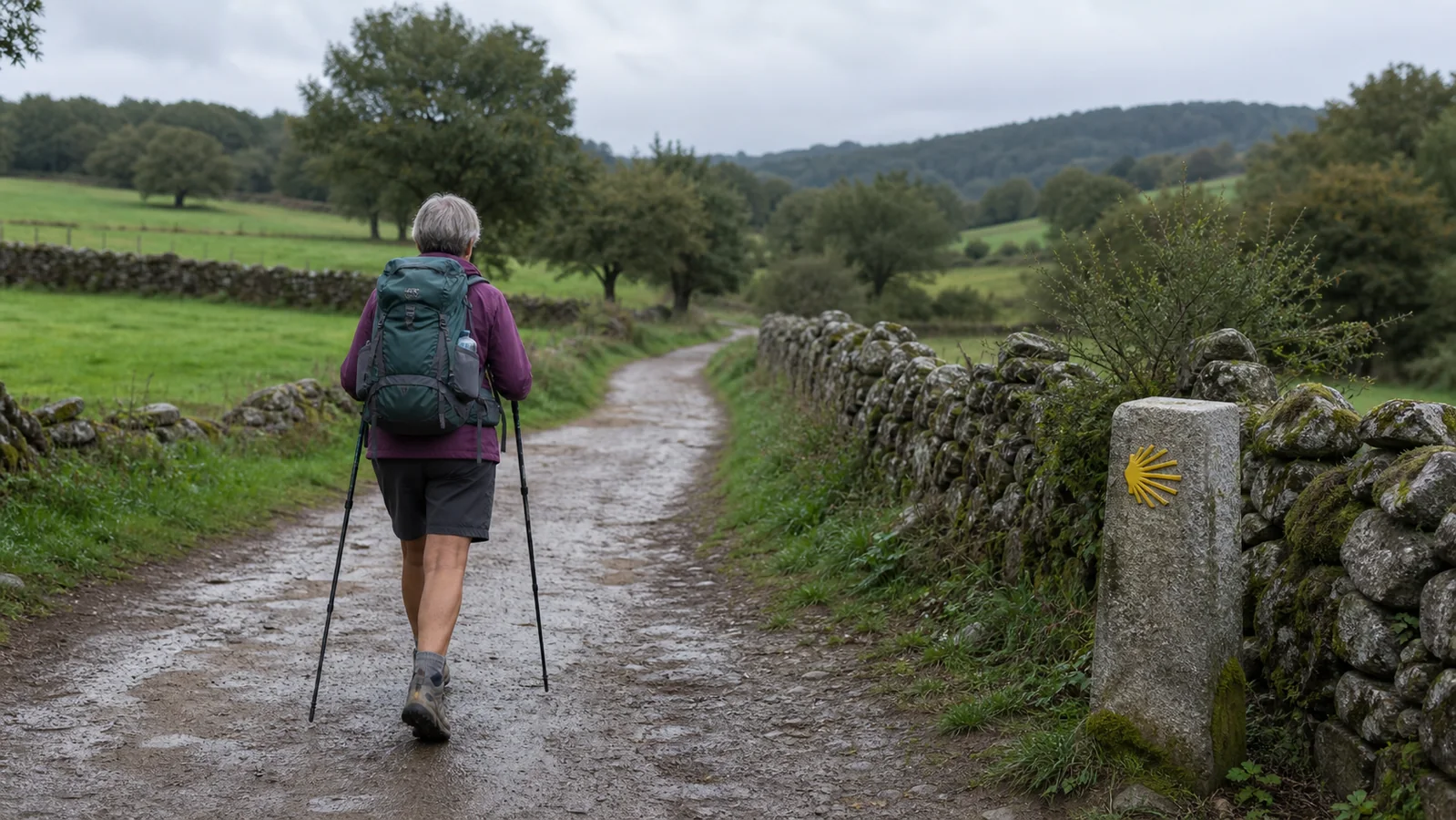 Peregrina adulta caminando con mochila y bastones por un tramo interior del Camino en Galicia