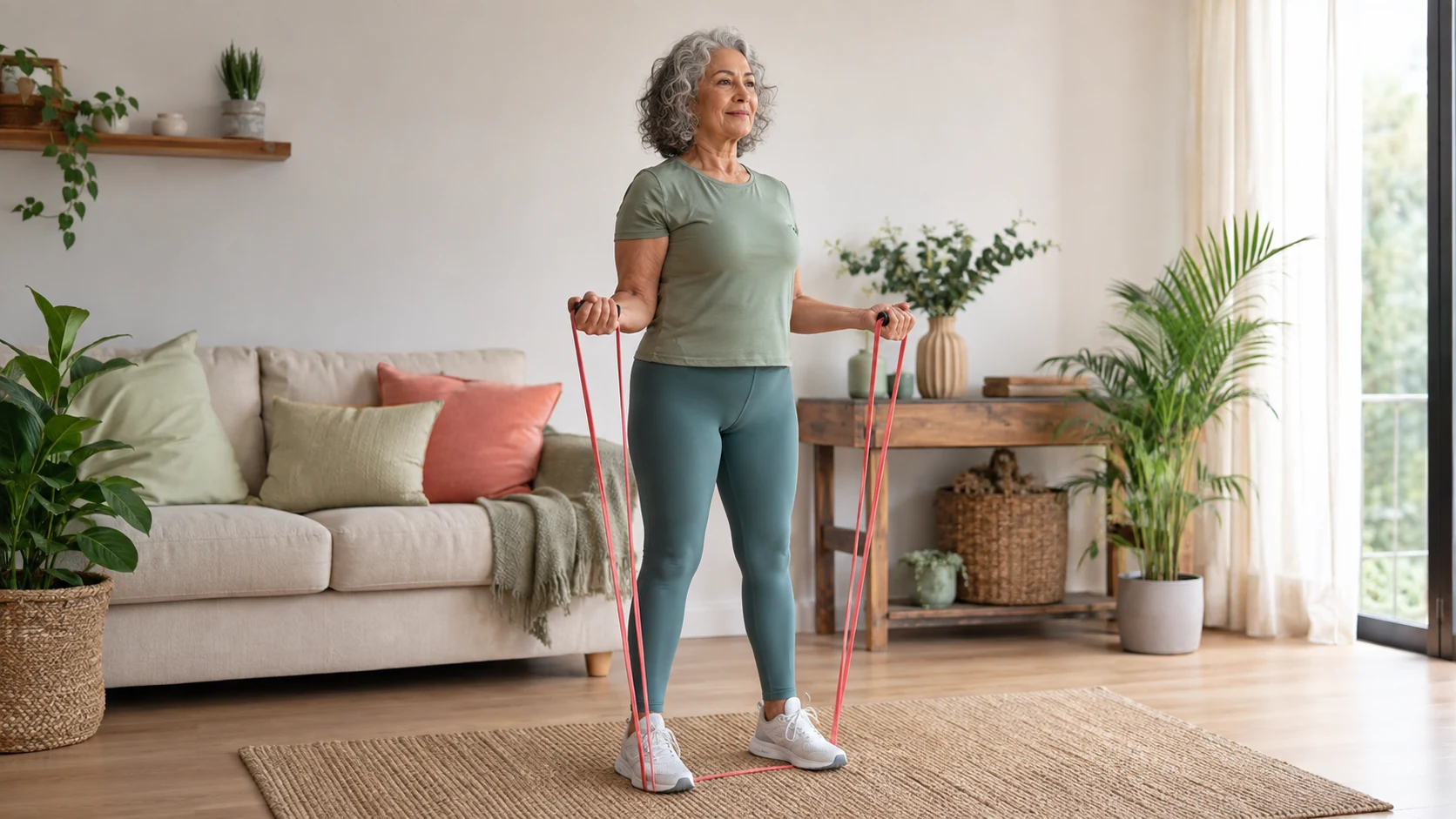 Mujer adulta entrenando en casa con bandas elásticas