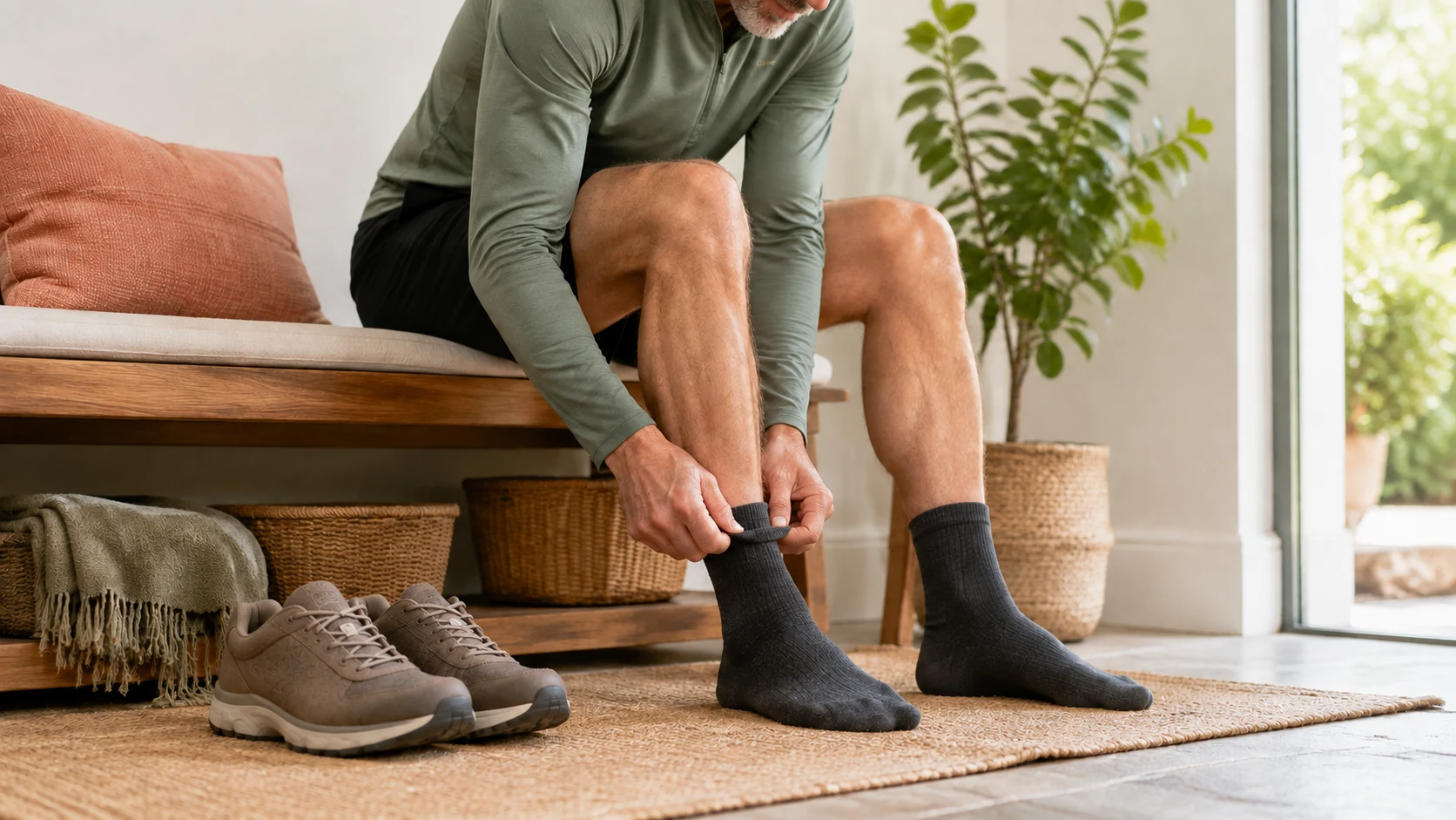 Hombre adulto poniéndose calcetines antes de salir a caminar