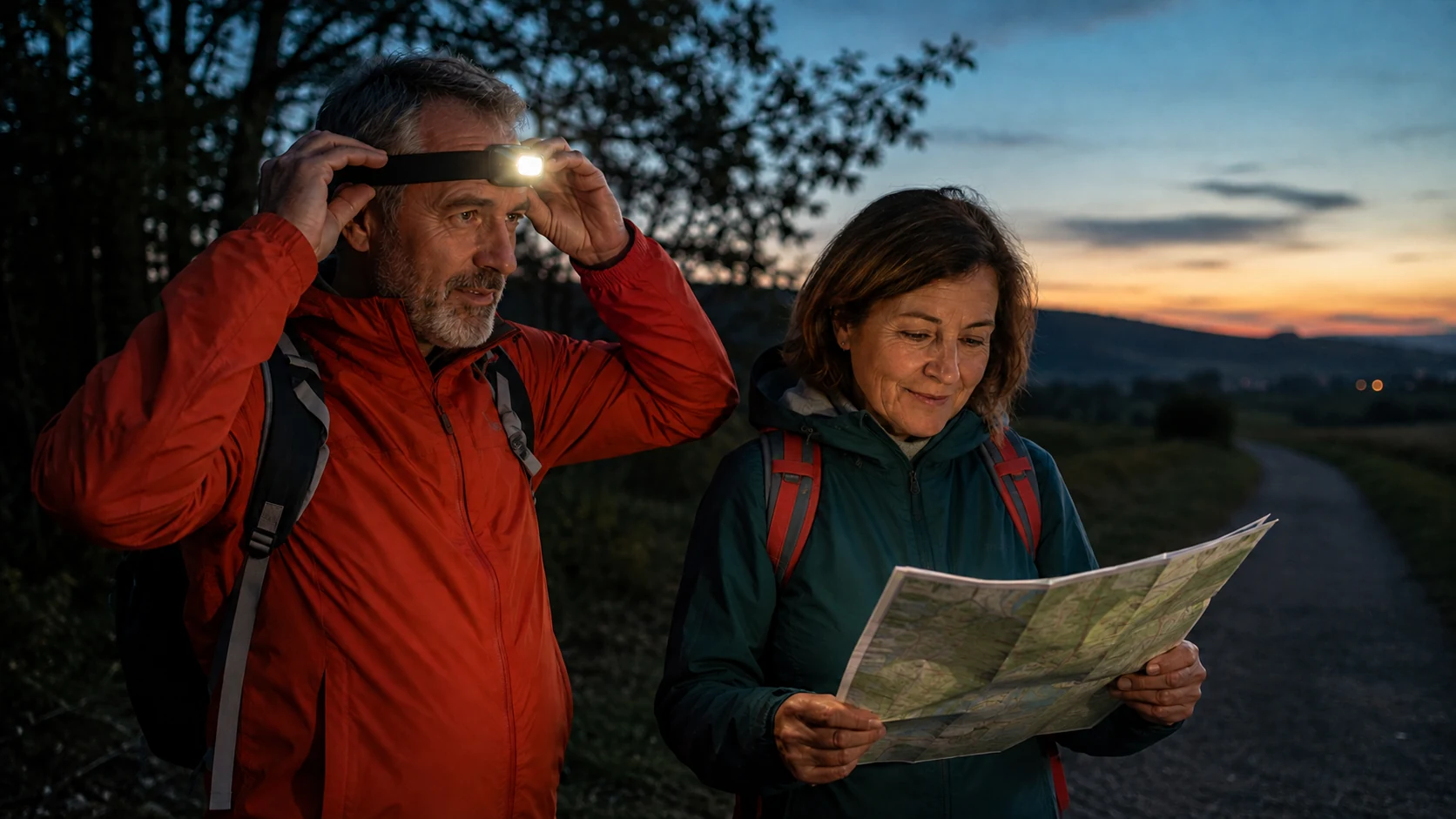 Dos caminantes adultos preparándose con linternas frontales al anochecer