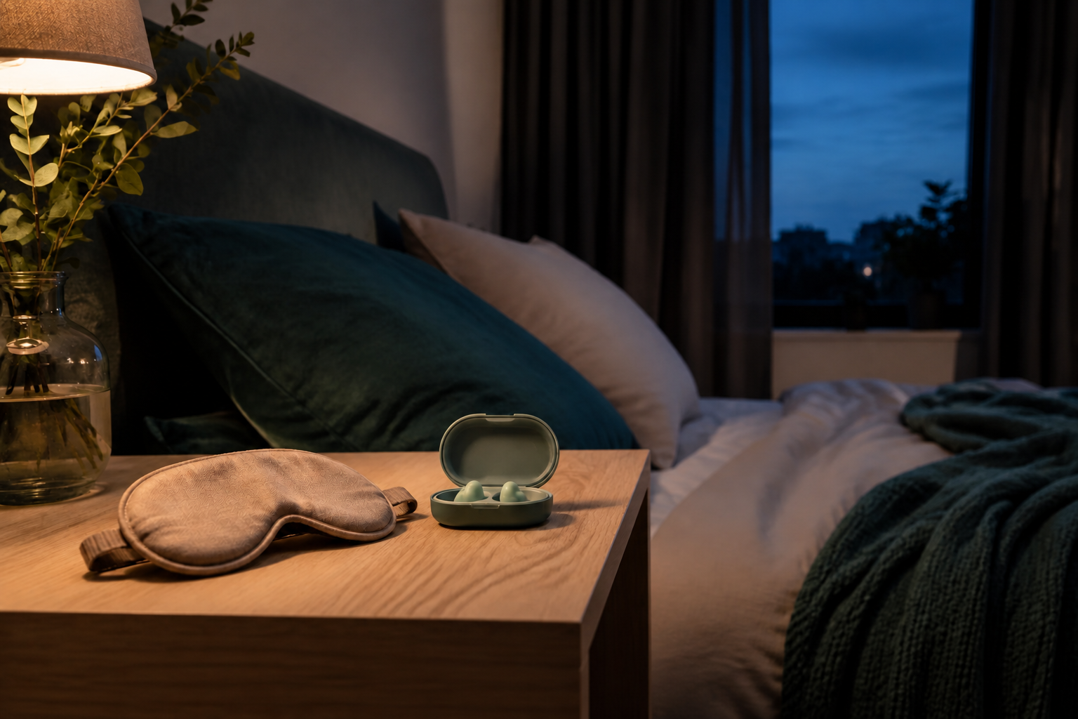 Antifaz neutro y tapones reutilizables genéricos junto a una cama con cortinas opacas