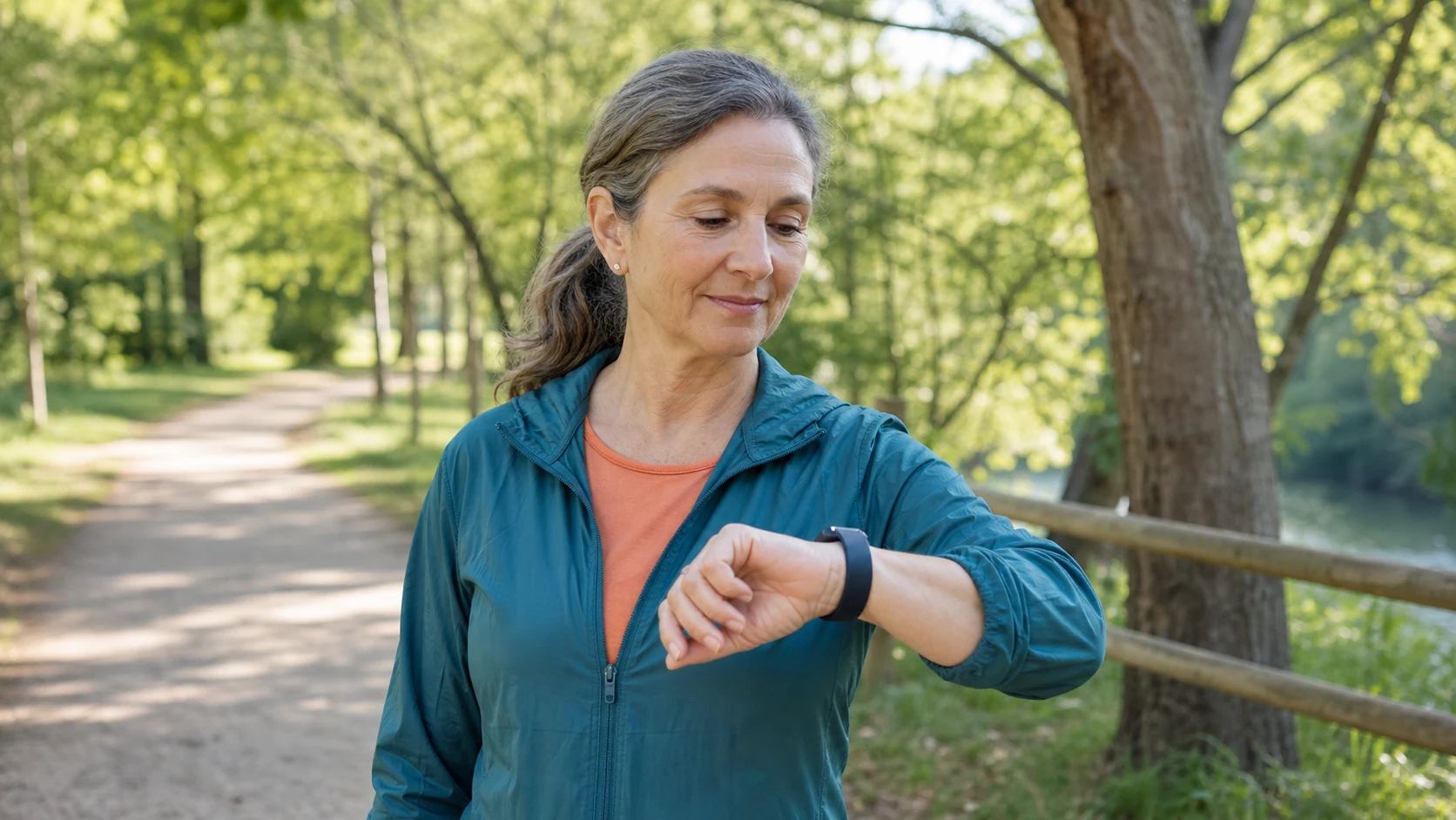 Mujer adulta consultando una pulsera de actividad durante un paseo