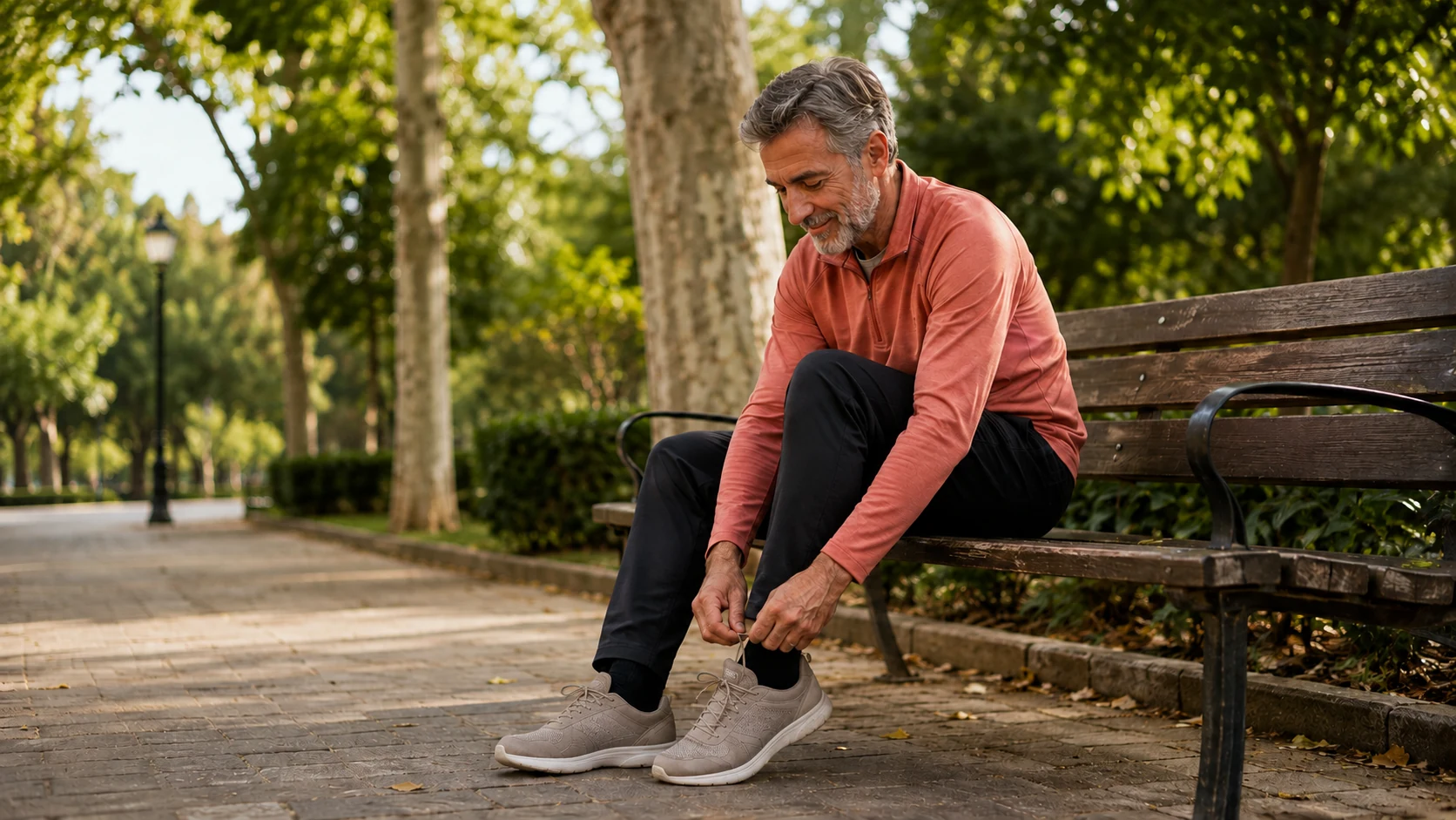 Hombre adulto ajustándose una zapatilla antes de caminar en un parque