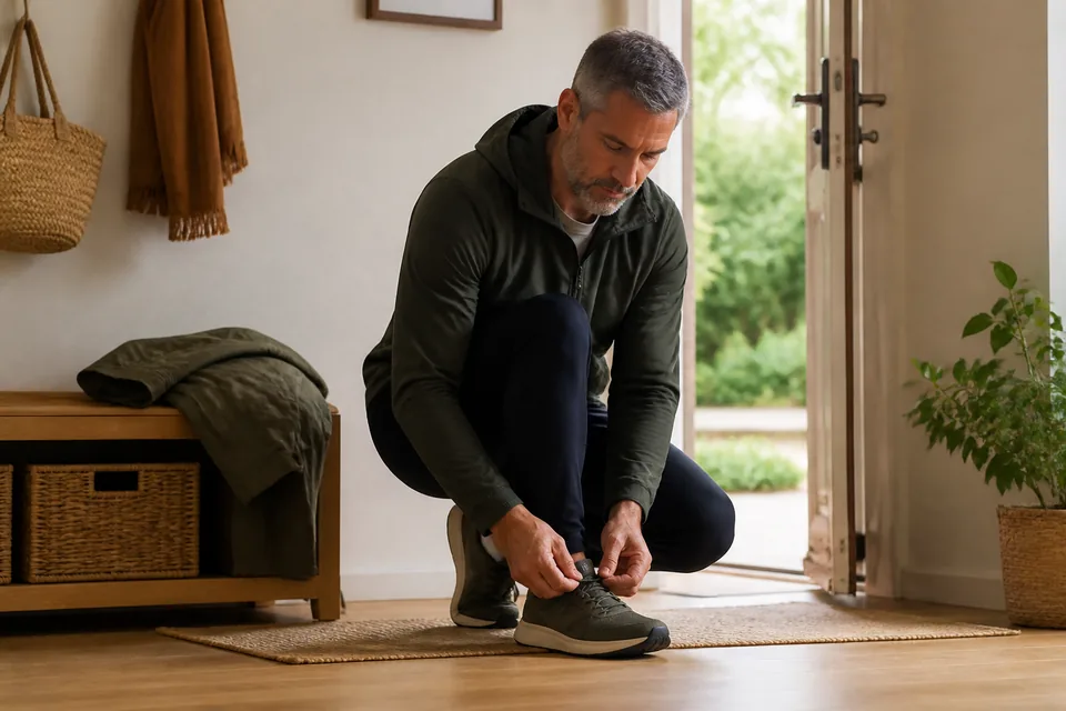 Hombre adulto preparando sus zapatillas antes de una caminata cotidiana
