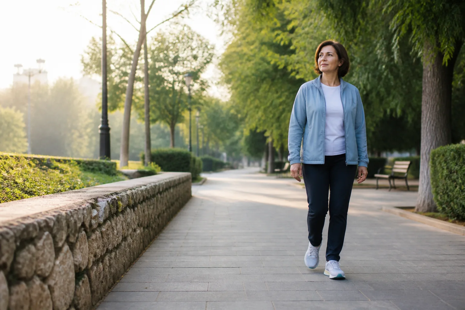 Mujer adulta comenzando una caminata tranquila por un parque urbano