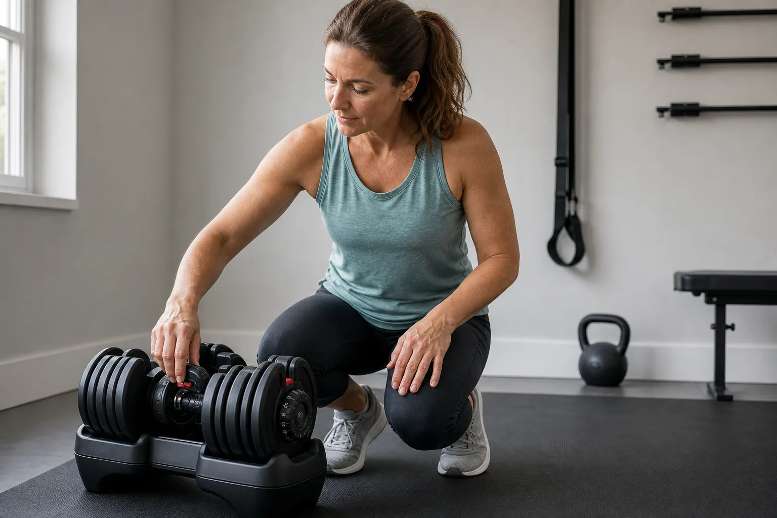 Mujer adulta ajustando una mancuerna regulable antes de entrenar