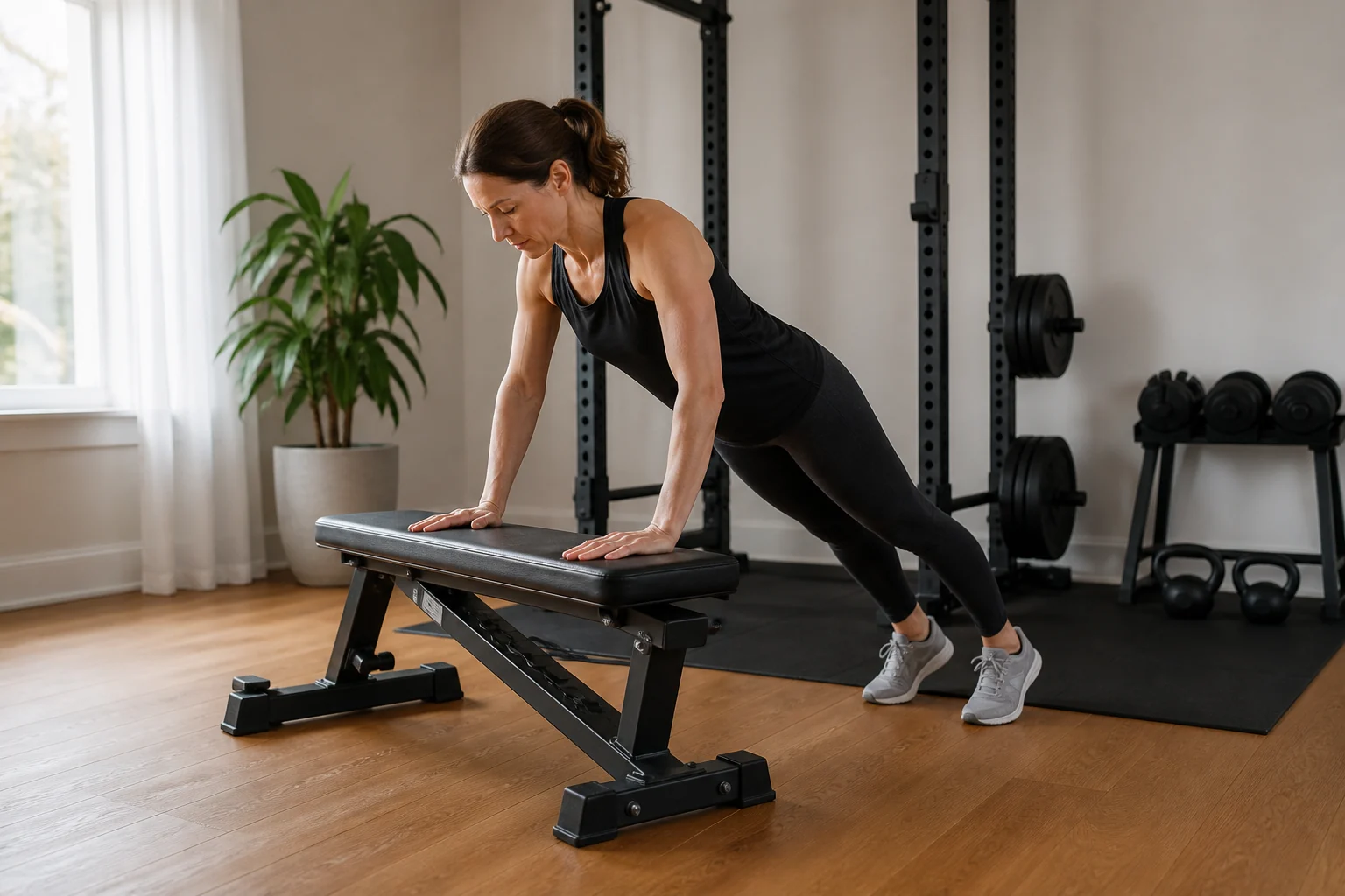Mujer adulta realizando una flexión inclinada sobre un banco de entrenamiento estable