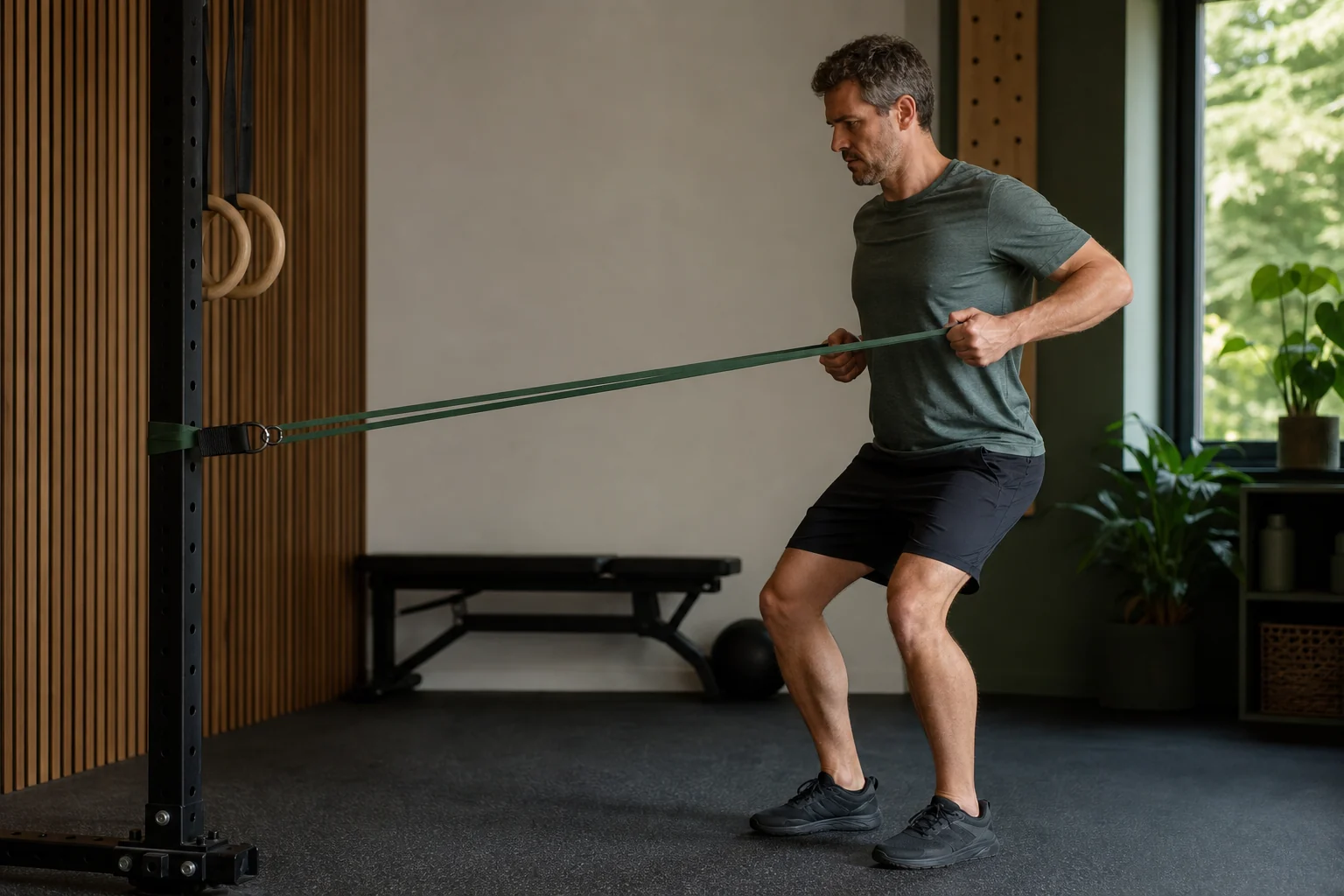 Hombre adulto practicando un remo con banda elástica anclada a una estructura de entrenamiento