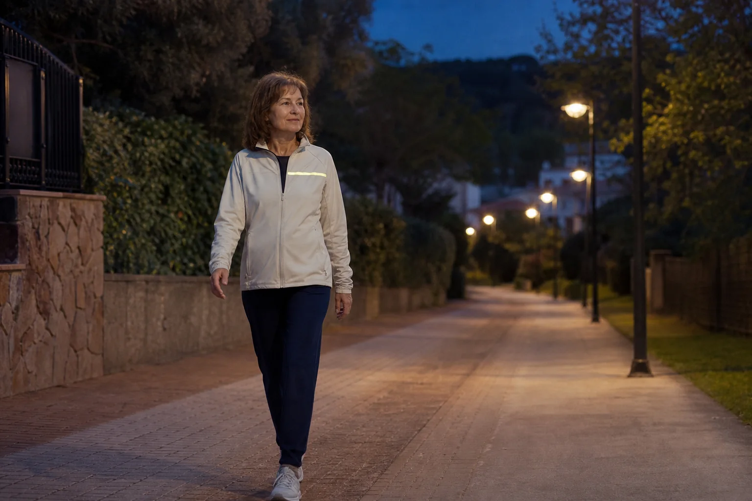 Mujer adulta caminando al anochecer con una banda reflectante discreta en la chaqueta