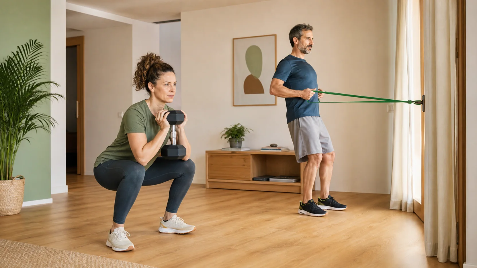 Mujer y hombre adultos entrenando fuerza en casa con una mancuerna y una banda elástica