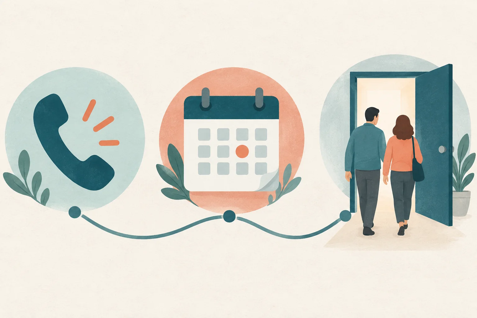 Ilustración con un teléfono, un calendario y dos personas que atraviesan una puerta