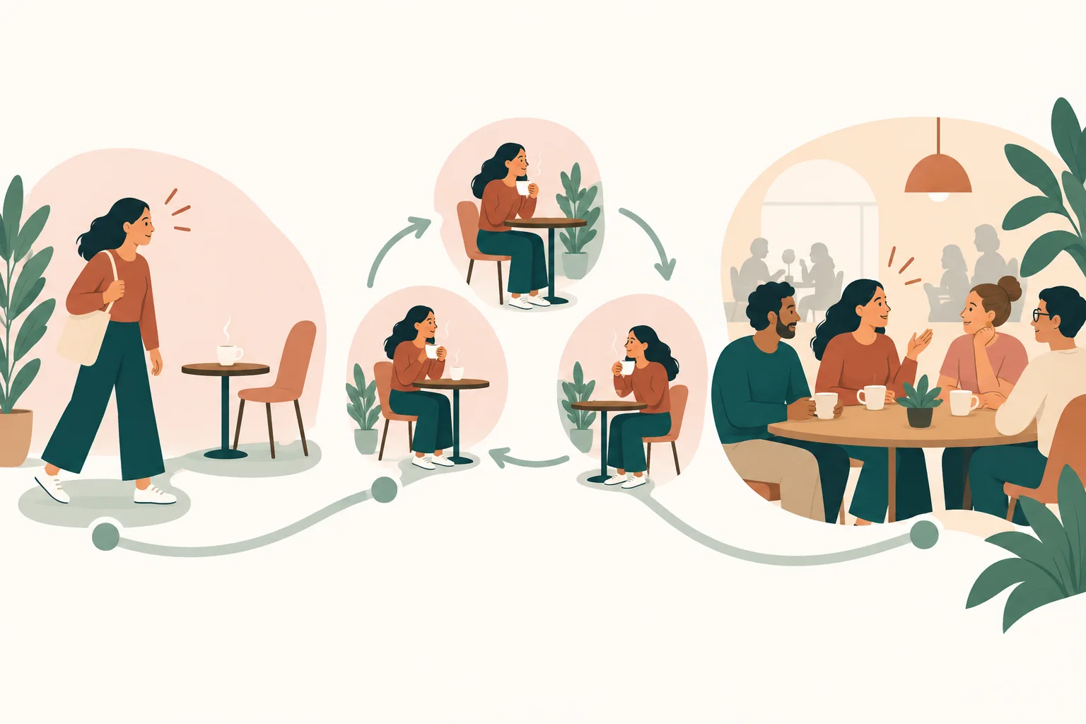 Ilustración sin texto de una persona que elige una acción pequeña, la repite y amplía después el reto