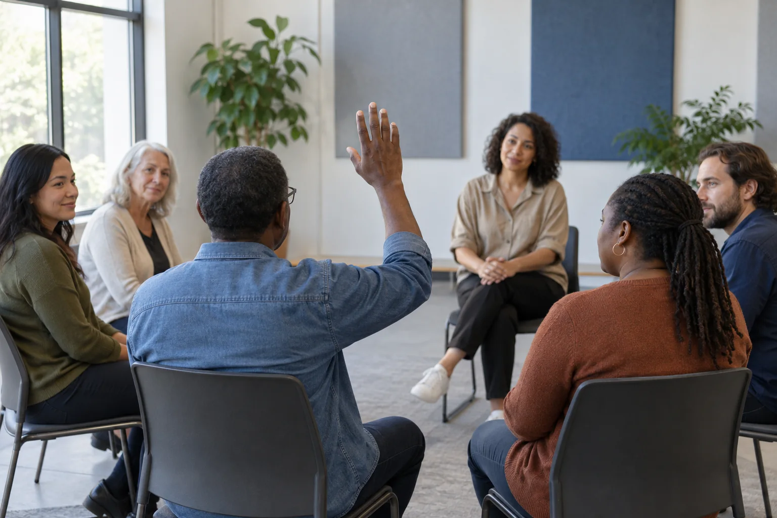 Grupo de personas adultas con un participante que levanta la mano para intervenir