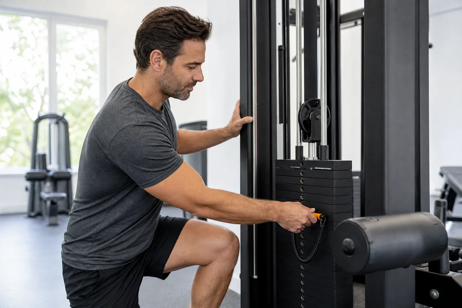 Hombre adulto ajustando el bloque de peso de una máquina de musculación