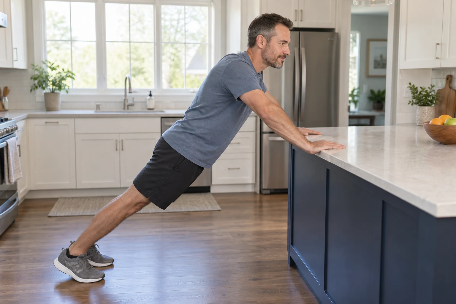 Hombre adulto realizando una flexión inclinada sobre una encimera estable