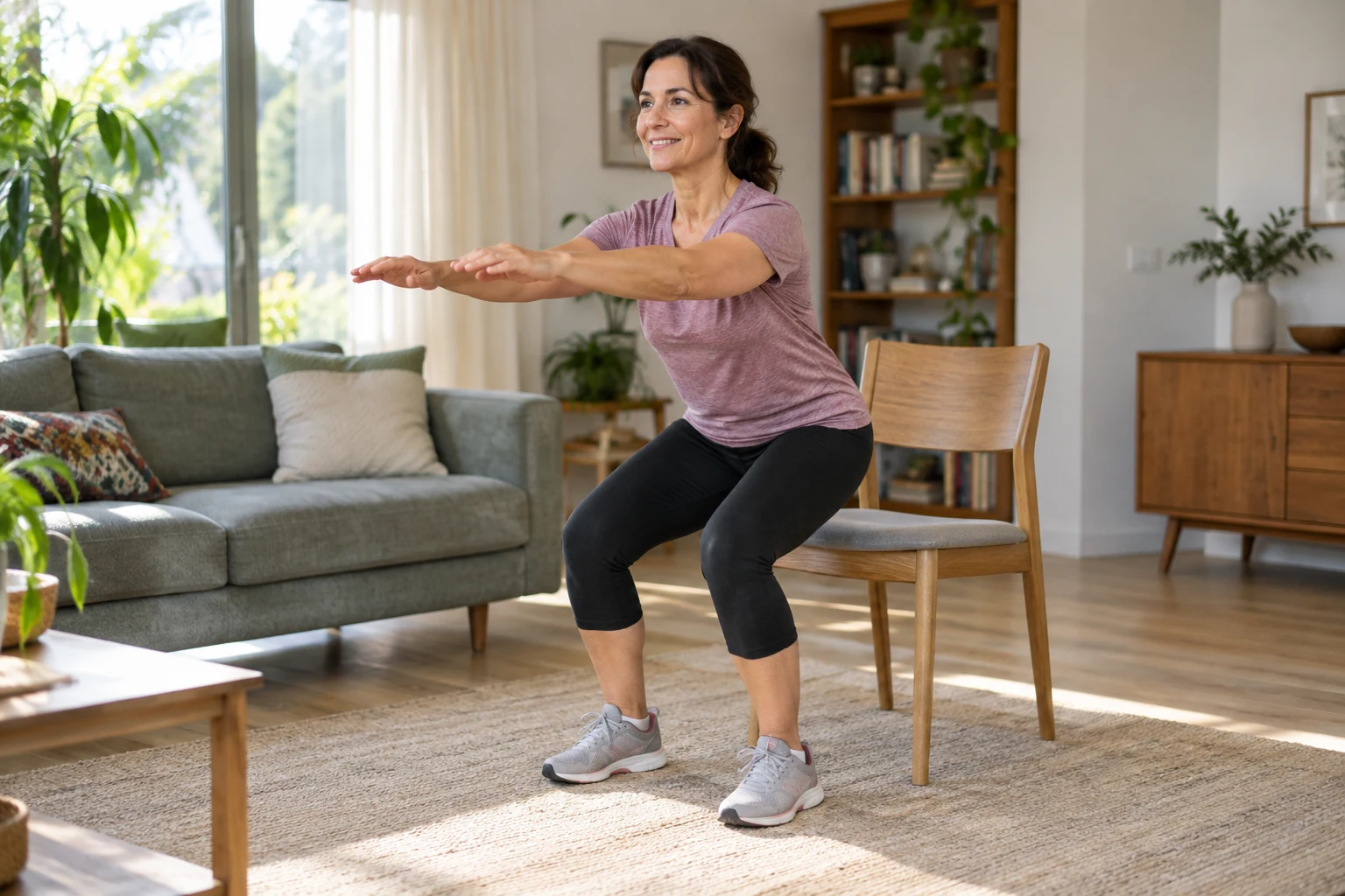 Mujer adulta realizando una sentadilla controlada delante de una silla estable en casa