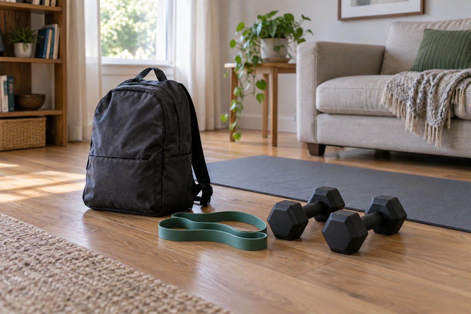 Mochila cerrada, banda elástica y dos mancuernas en una zona doméstica de entrenamiento