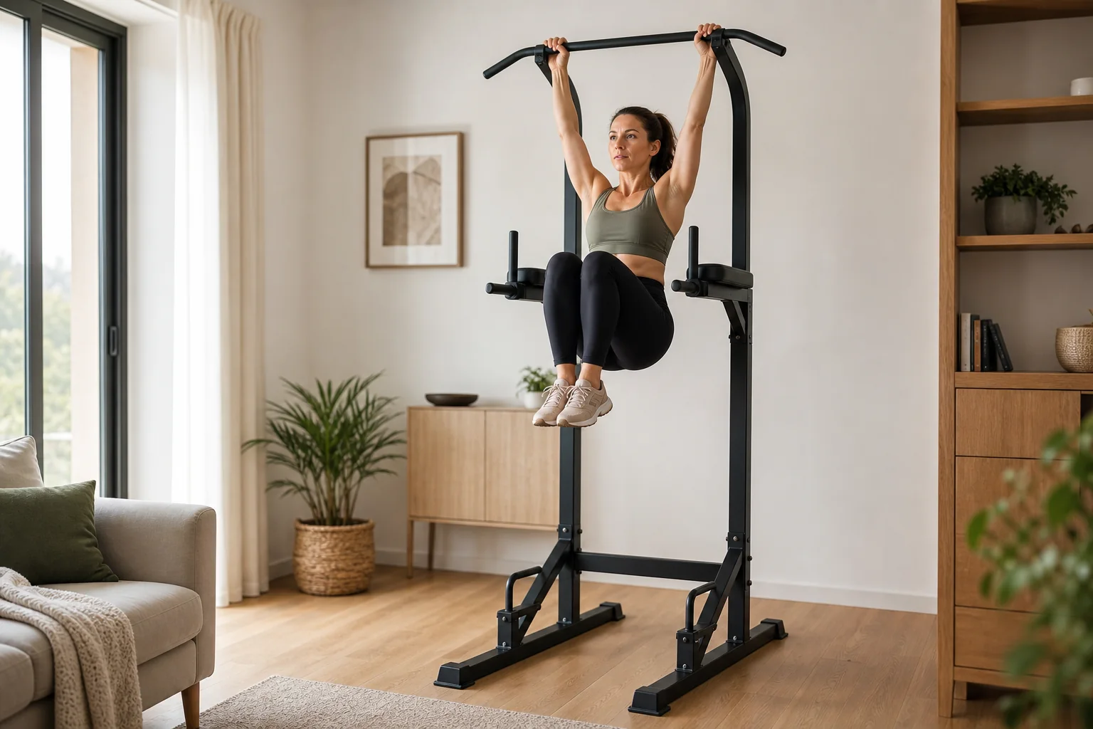 Mujer adulta entrenando de forma controlada en una torre de dominadas doméstica