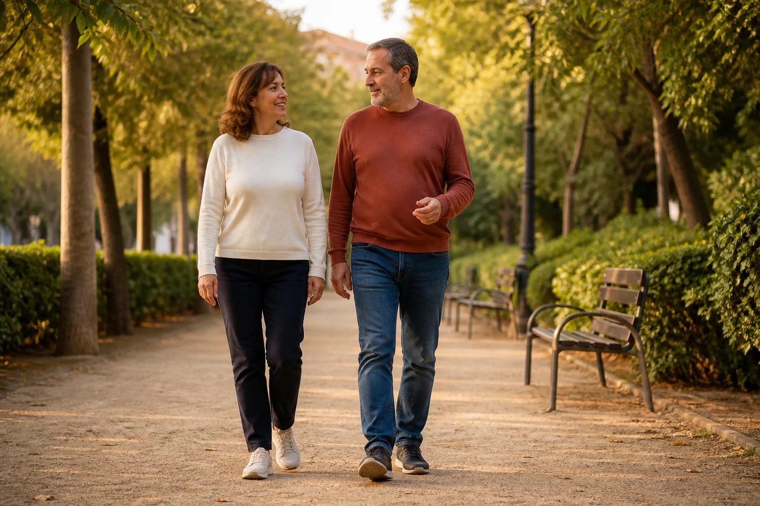 Pareja adulta retomando un paseo por un parque del barrio