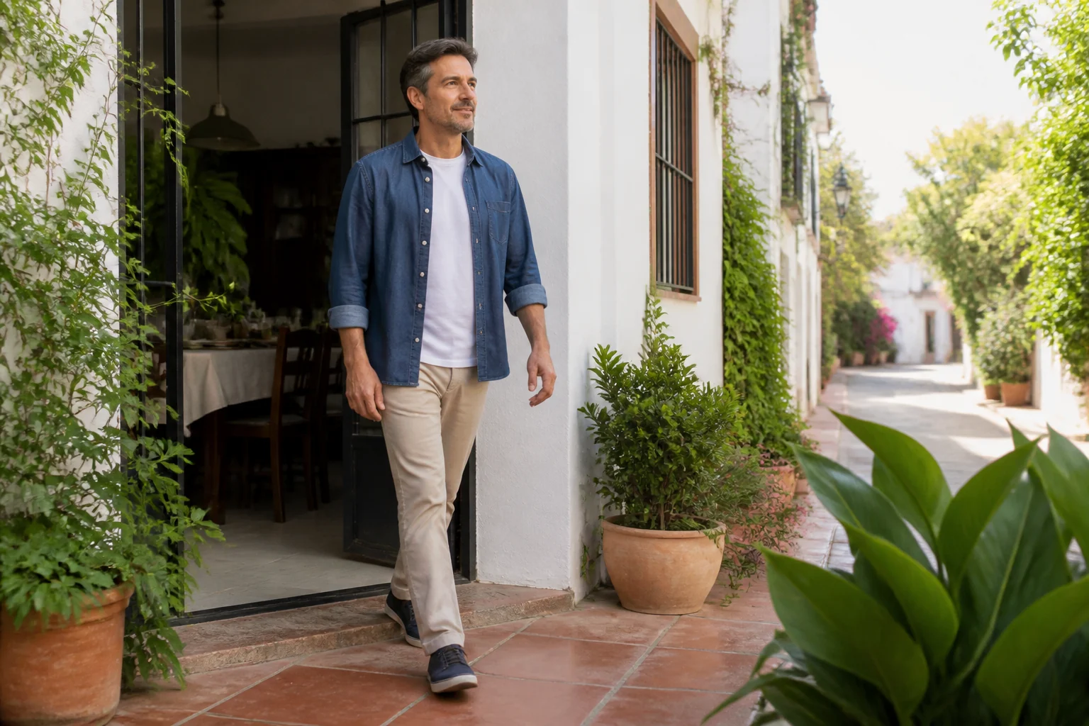 Hombre adulto iniciando su paseo habitual después de comer