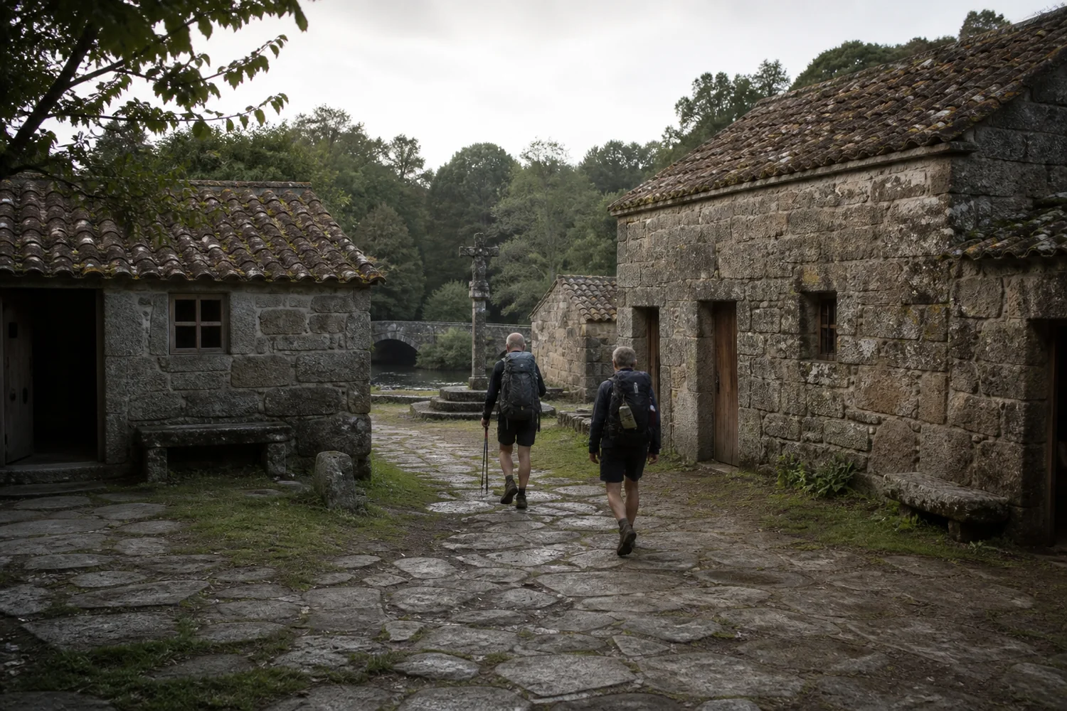 Peregrinos llegando a un antiguo hospital de piedra rehabilitado como albergue en el Camino