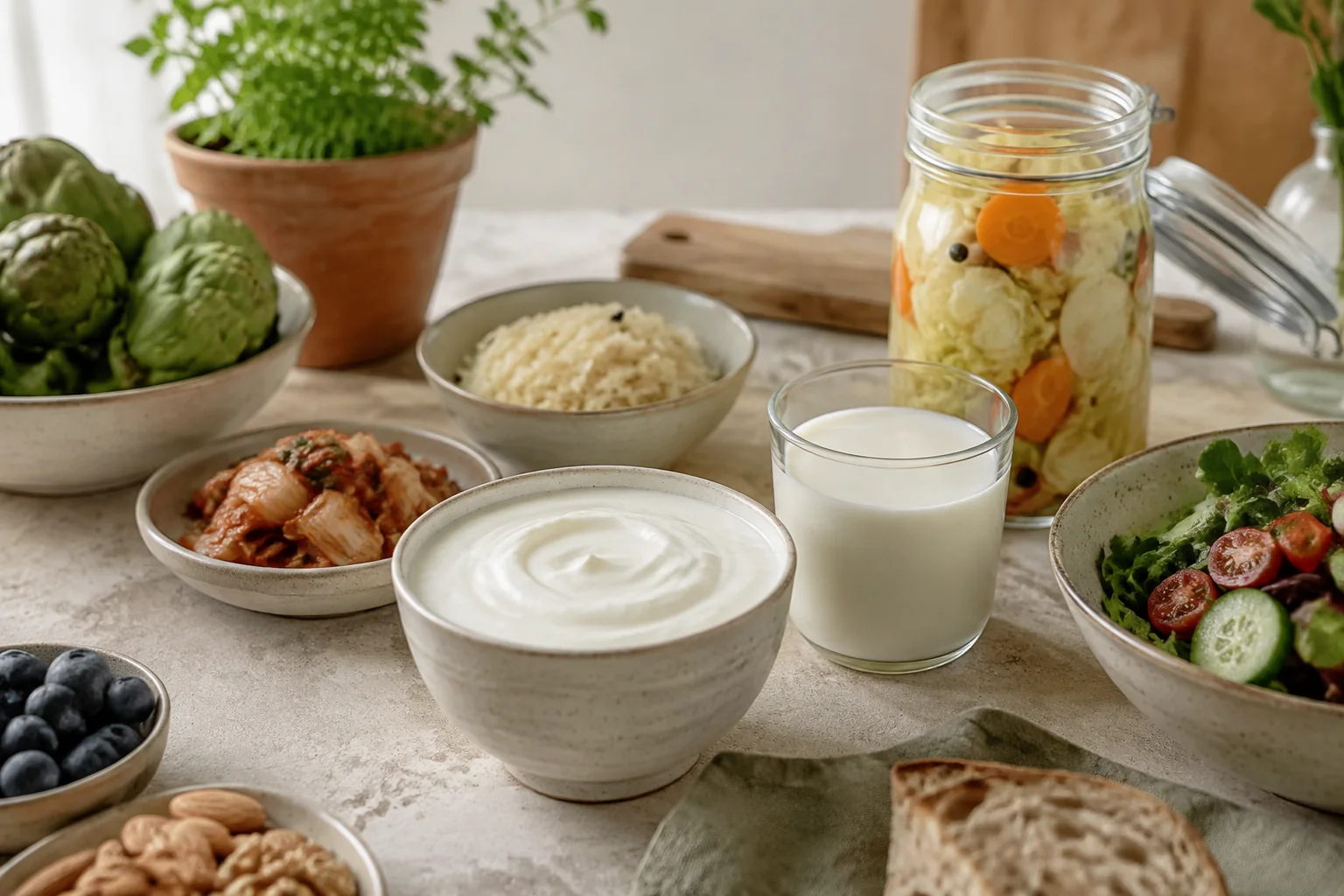 Yogur natural, kéfir, chucrut, kimchi y verduras fermentadas servidos en pequeñas cantidades