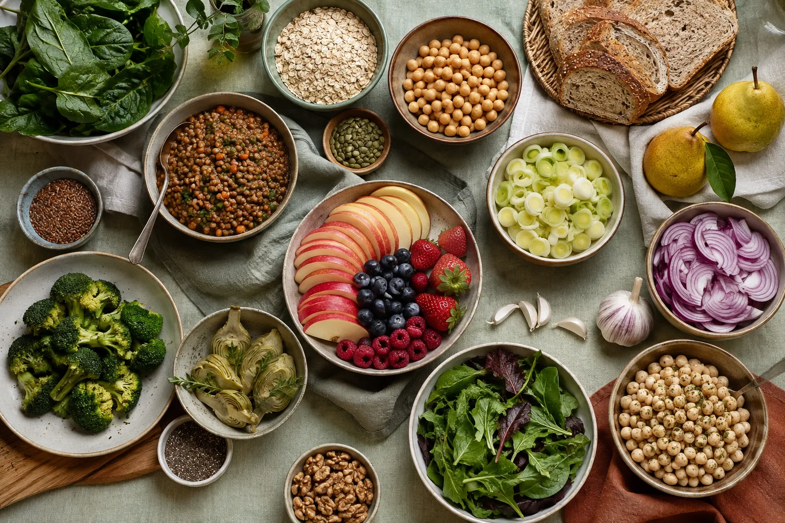 Mesa con legumbres, avena, pan integral, verduras, frutas, frutos secos y semillas