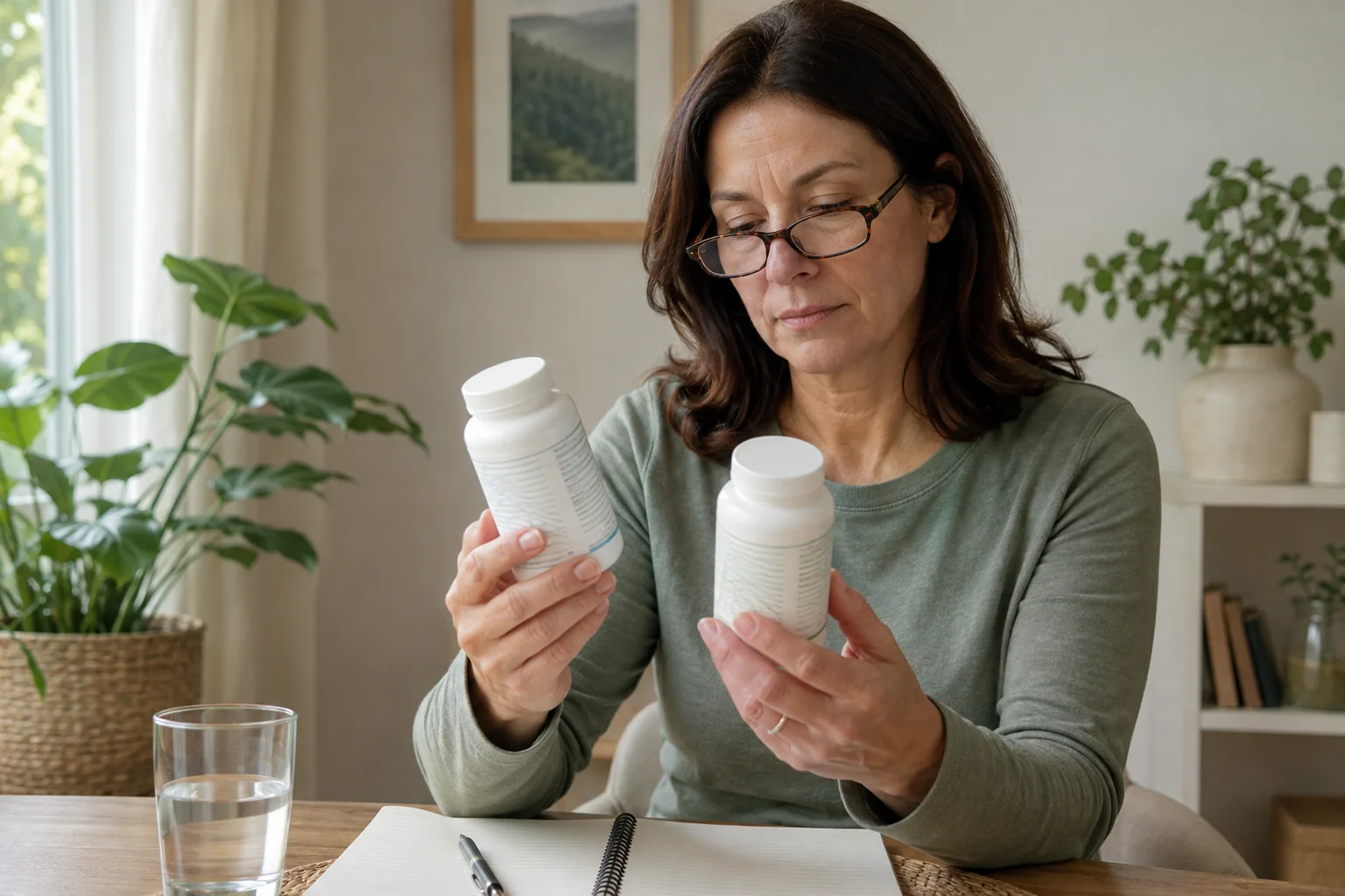 Una mujer compara con atención dos envases genéricos de suplementos probióticos