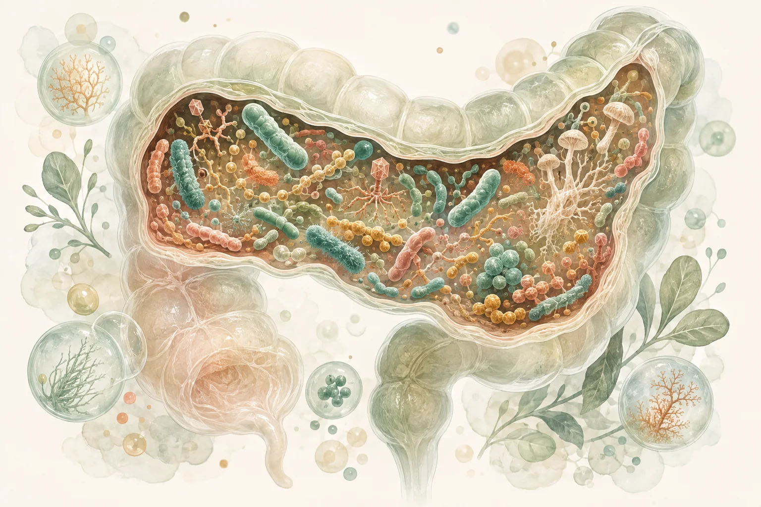 Ilustración científica de un intestino grueso con una comunidad diversa de microorganismos