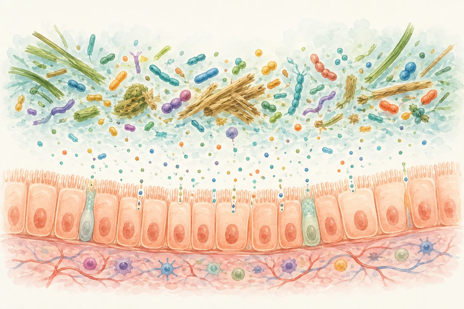 Ilustración de fibras vegetales y microorganismos junto a una barrera intestinal intacta