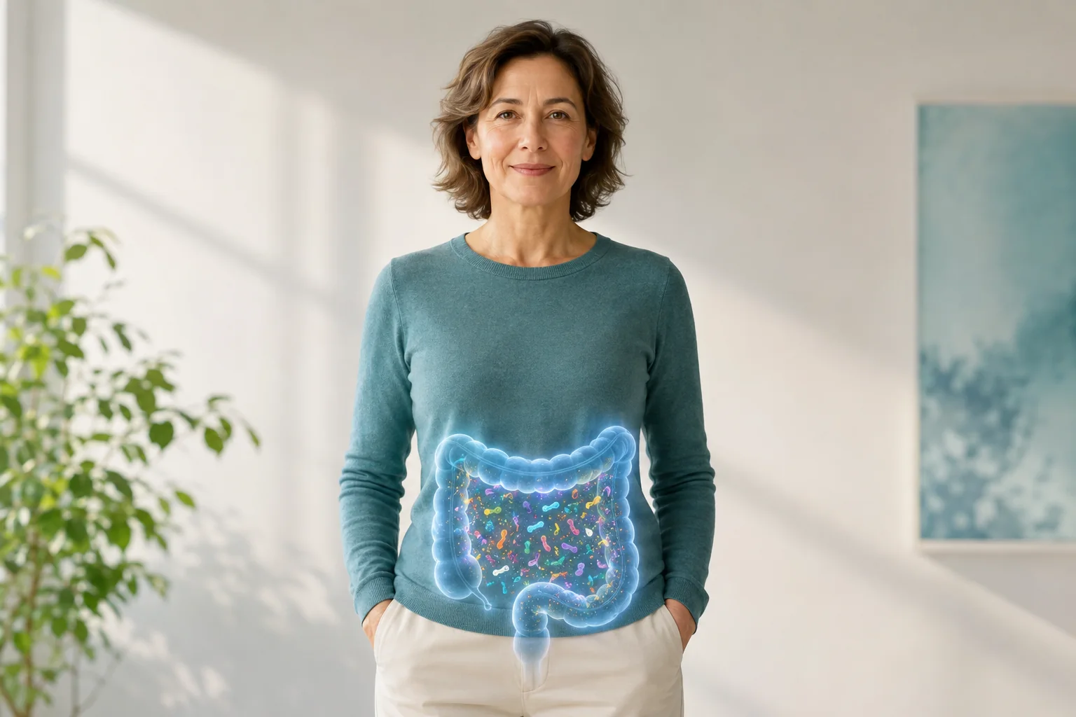 Una mujer sana con una representación luminosa del colon y su comunidad de microorganismos sobre el abdomen