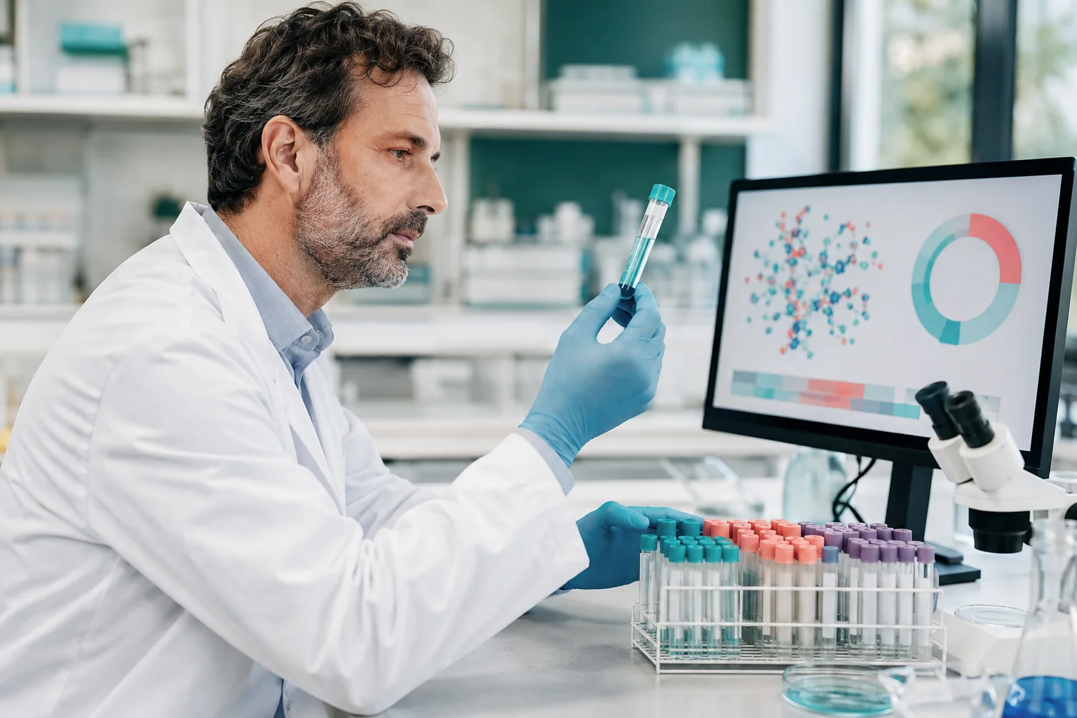 Un científico examina muestras y datos visuales abstractos en un laboratorio de microbioma