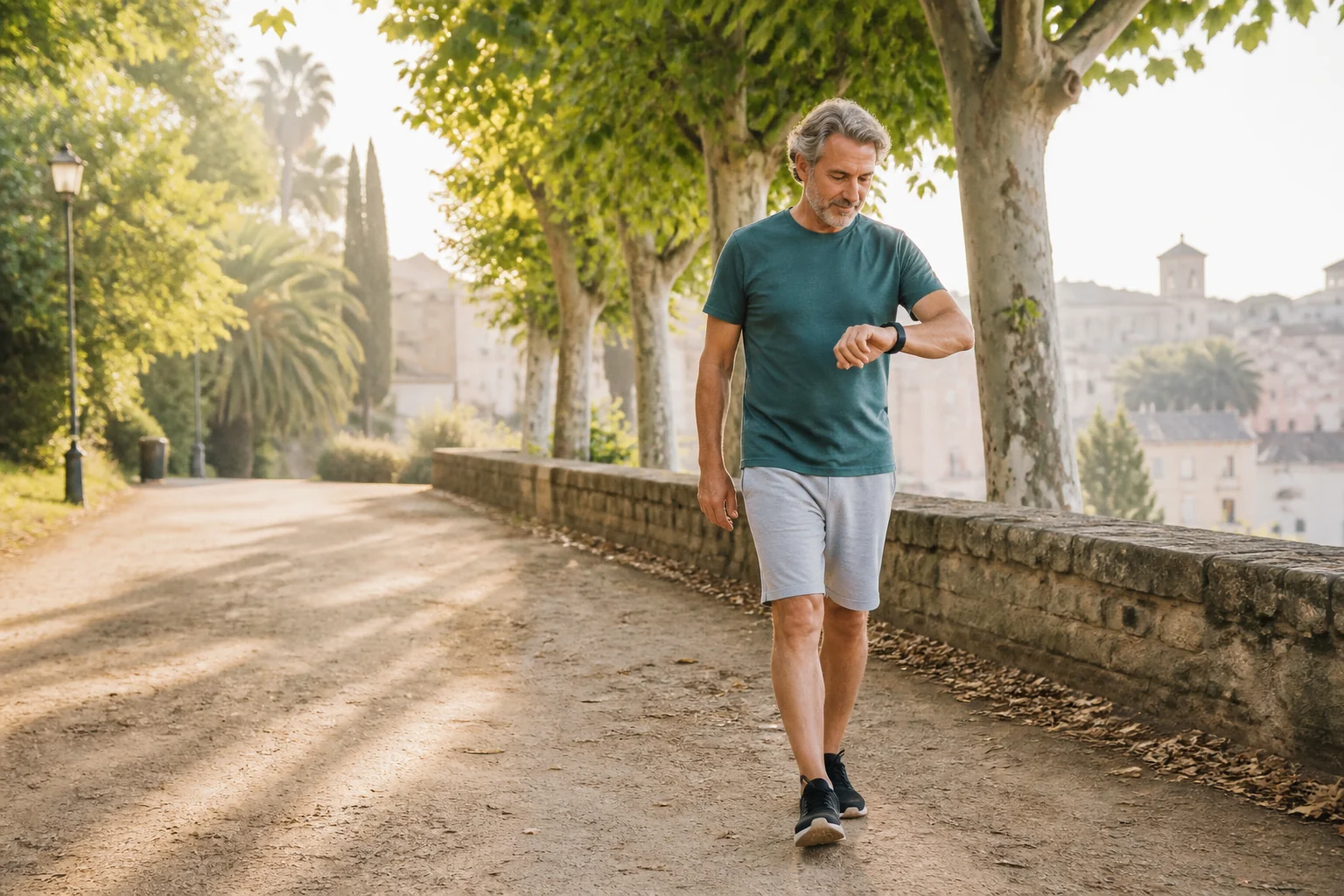 Hombre adulto caminando por un parque y consultando una pulsera de actividad