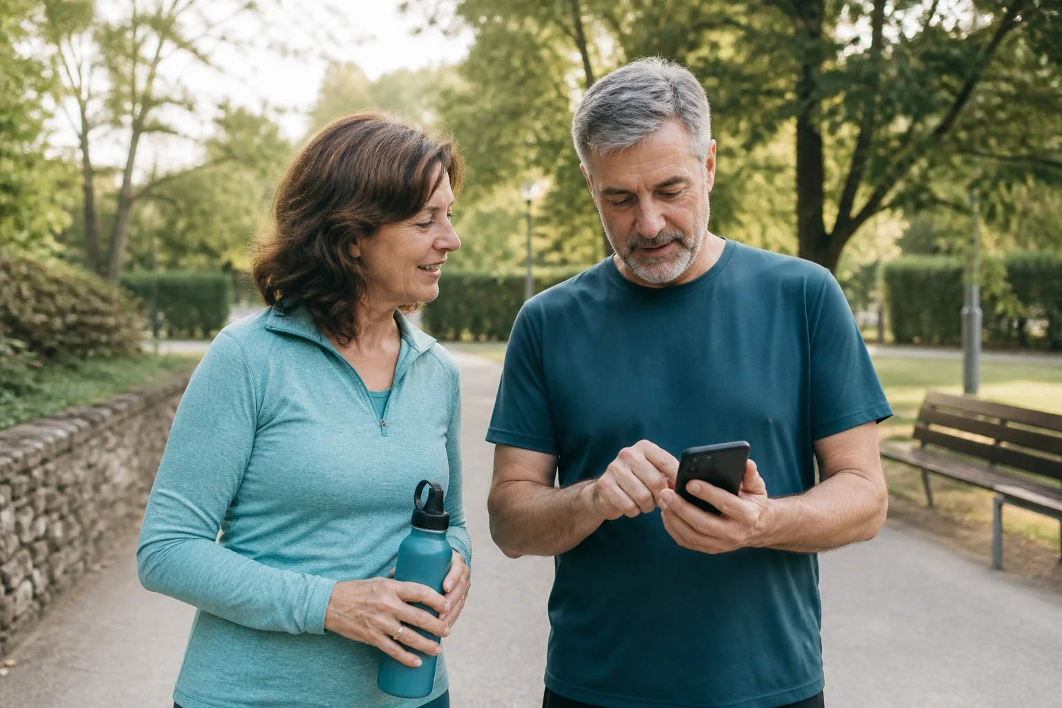 Dos adultos revisando en el móvil la actividad después de una caminata