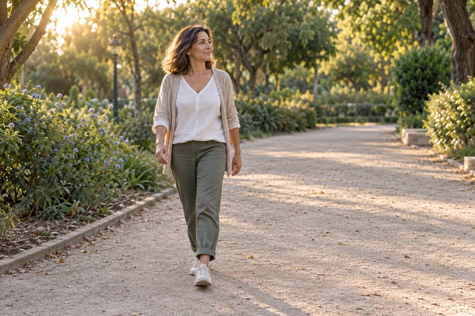 Mujer adulta caminando al aire libre con actitud tranquila