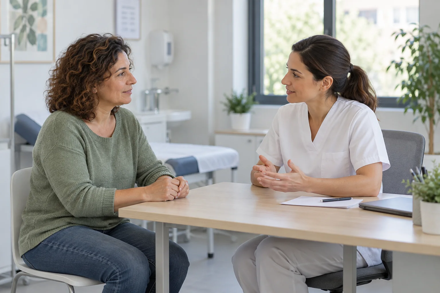 Profesional sanitaria conversando con una mujer adulta en consulta