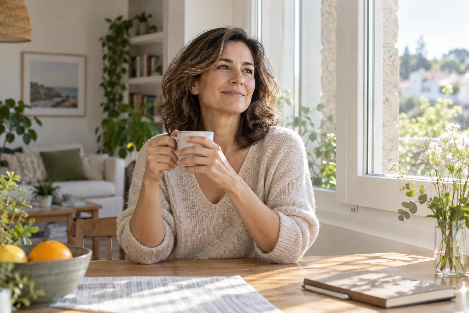 Mujer adulta junto a una ventana en un ambiente doméstico sereno