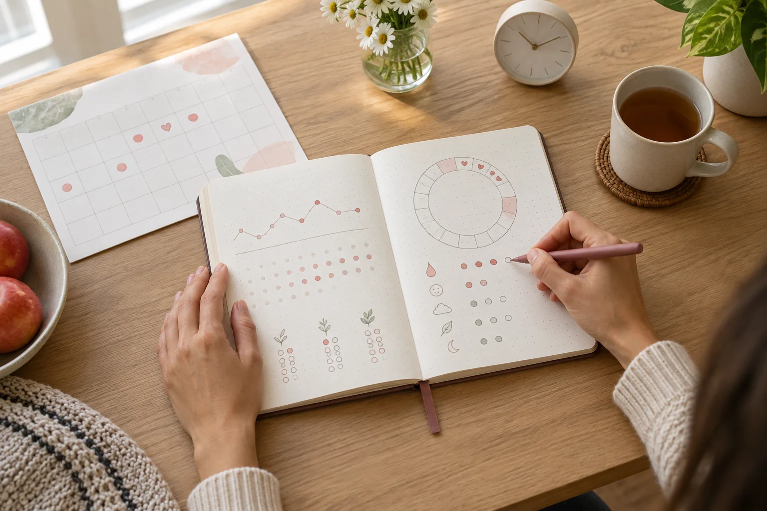 Cuaderno abierto con símbolos gráficos para registrar síntomas y fechas