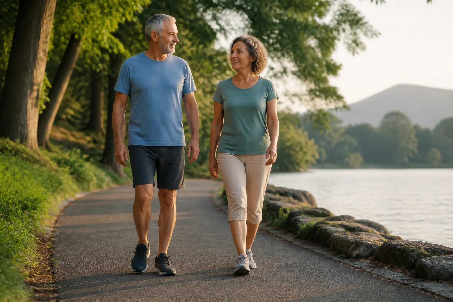 Pareja adulta caminando a un ritmo cómodo por un sendero junto a un lago